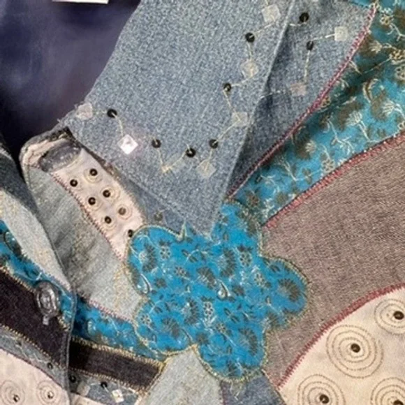 Patchwork Denim 100% Cotton Jacket Sz M Art to Wear Shabby Chic Hippie Bohemian - Picture 13 of 16